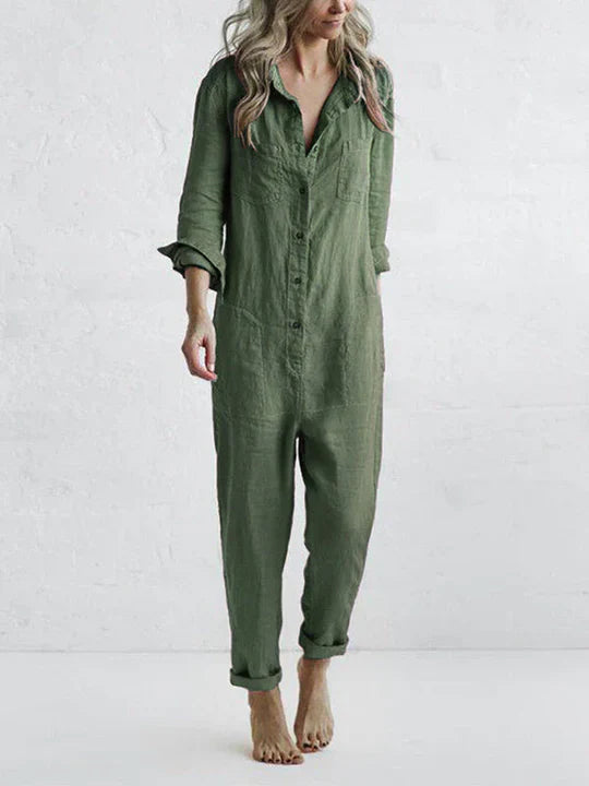 Women's Linen Jumpsuit Button Front With Pockets Summer