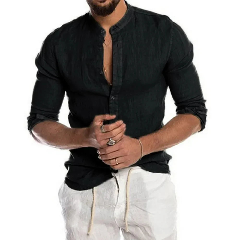 Grandad Collar Shirt Cotton Linen Summer