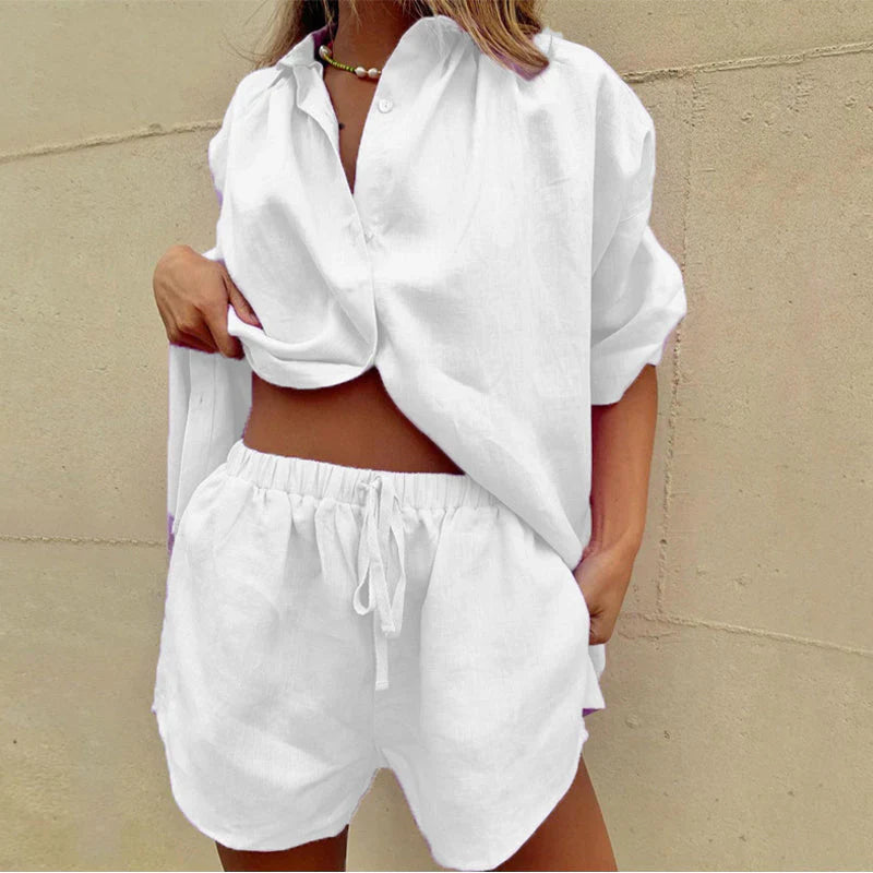Linen Two Piece Set Blouse And Shorts Summer