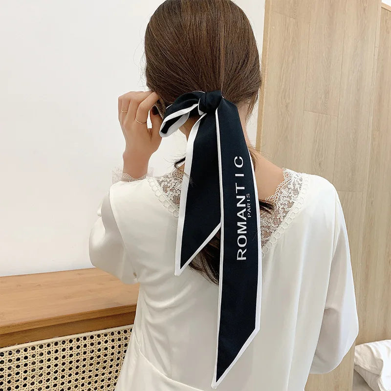 New Fashion Silk Scarf Hair Band Long Ribbon Bow Korean Printing Letter Hair Scarf Women Ponytail Holder Hair Accessories