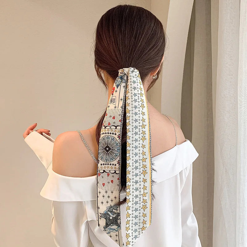 New Fashion Silk Scarf Hair Band Long Ribbon Bow Korean Printing Letter Hair Scarf Women Ponytail Holder Hair Accessories