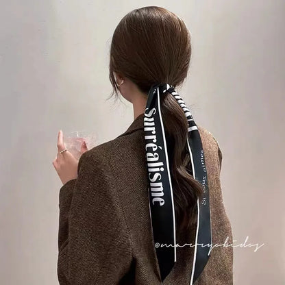 New Fashion Silk Scarf Hair Band Long Ribbon Bow Korean Printing Letter Hair Scarf Women Ponytail Holder Hair Accessories