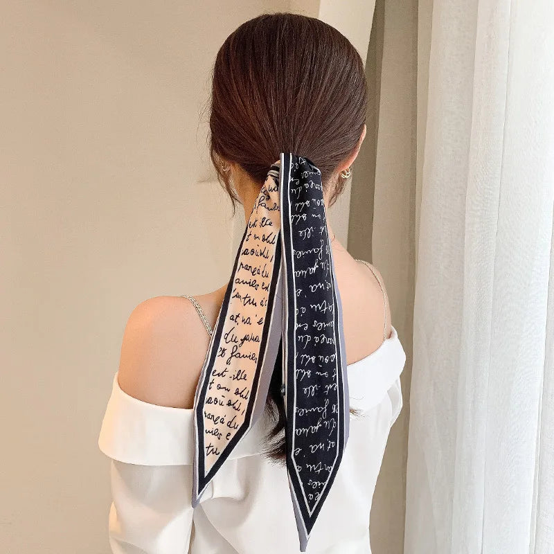 New Fashion Silk Scarf Hair Band Long Ribbon Bow Korean Printing Letter Hair Scarf Women Ponytail Holder Hair Accessories