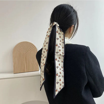 New Fashion Silk Scarf Hair Band Long Ribbon Bow Korean Printing Letter Hair Scarf Women Ponytail Holder Hair Accessories