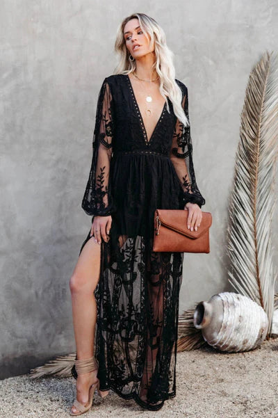 Women's Boho Lace Maxi Dress V Neck High Slit Summer