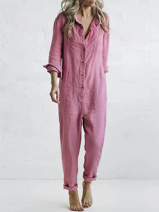 Women's Linen Jumpsuit Button Front With Pockets Summer