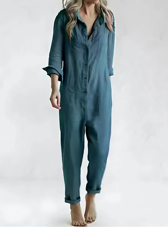 Women's Linen Jumpsuit Button Front With Pockets Summer