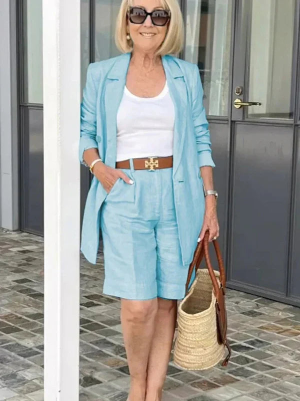 Linen Blazer And Shorts Two Piece Set Summer
