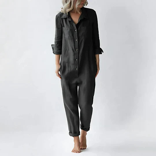 Women's Linen Jumpsuit Button Front With Pockets Summer