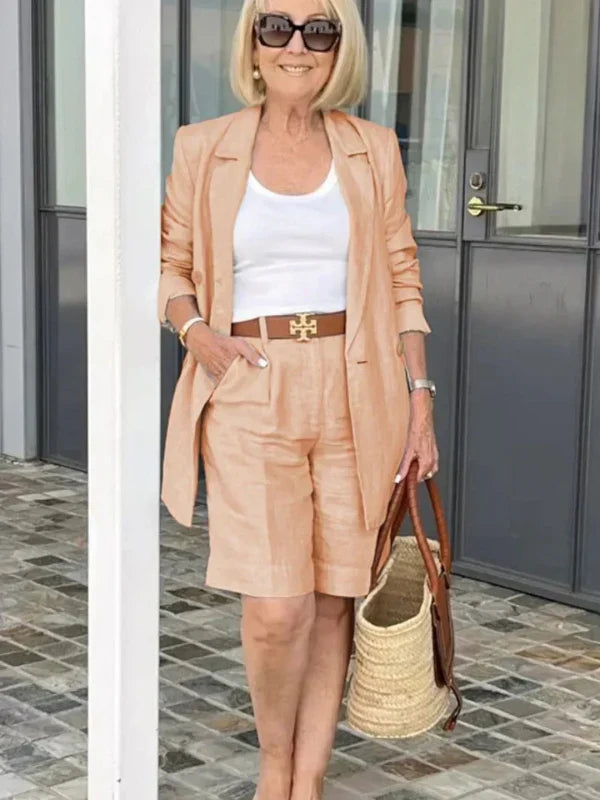 Linen Blazer And Shorts Two Piece Set Summer