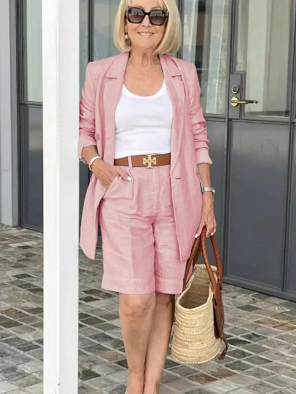 Linen Blazer And Shorts Two Piece Set Summer