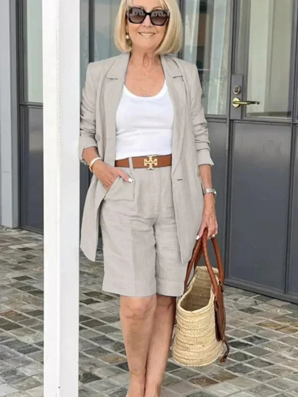 Linen Blazer And Shorts Two Piece Set Summer