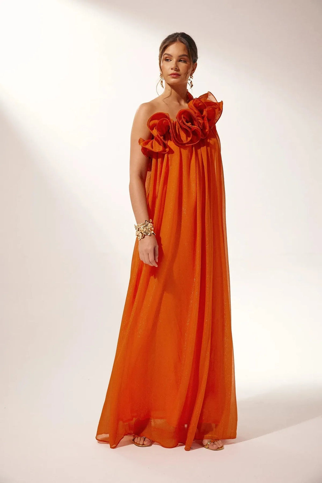 One Shoulder Maxi Dress Floral Chiffon Flowing Wedding Guest Summer