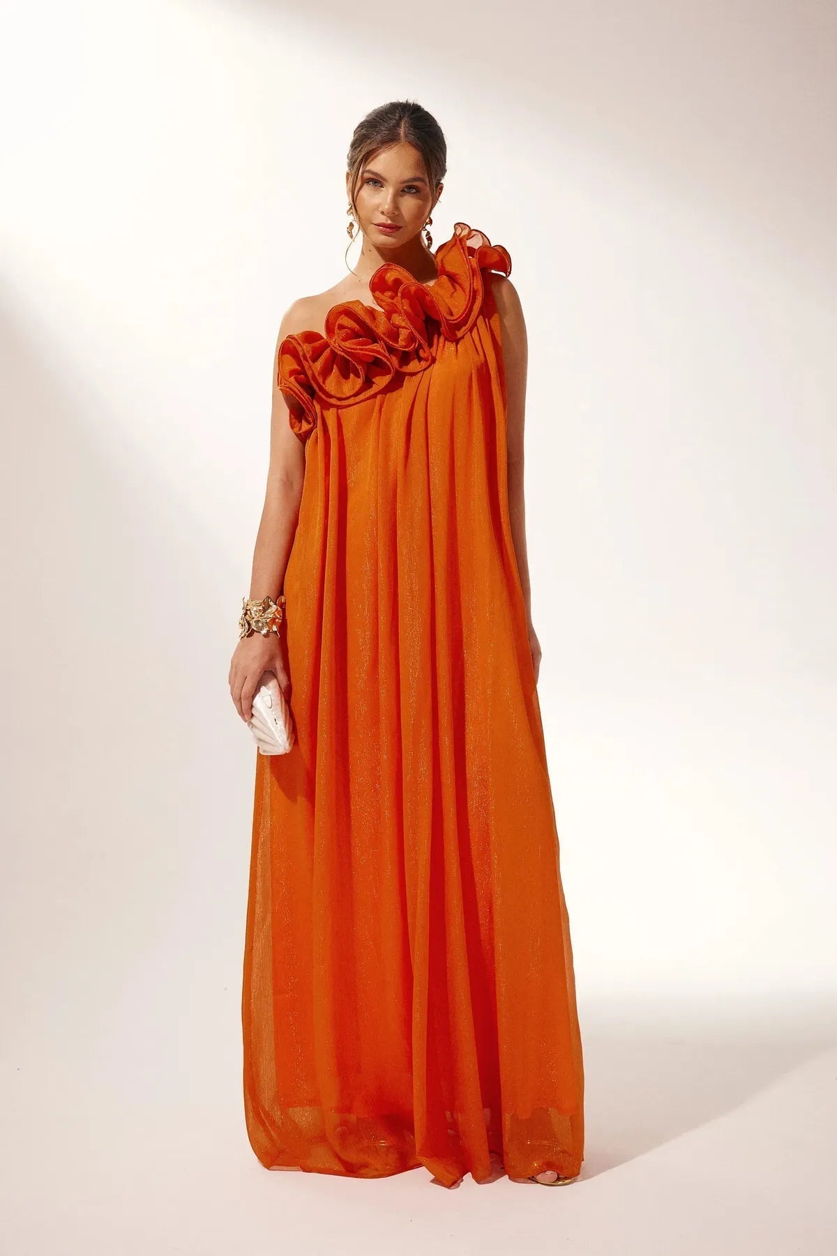 One Shoulder Maxi Dress Floral Chiffon Flowing Wedding Guest Summer