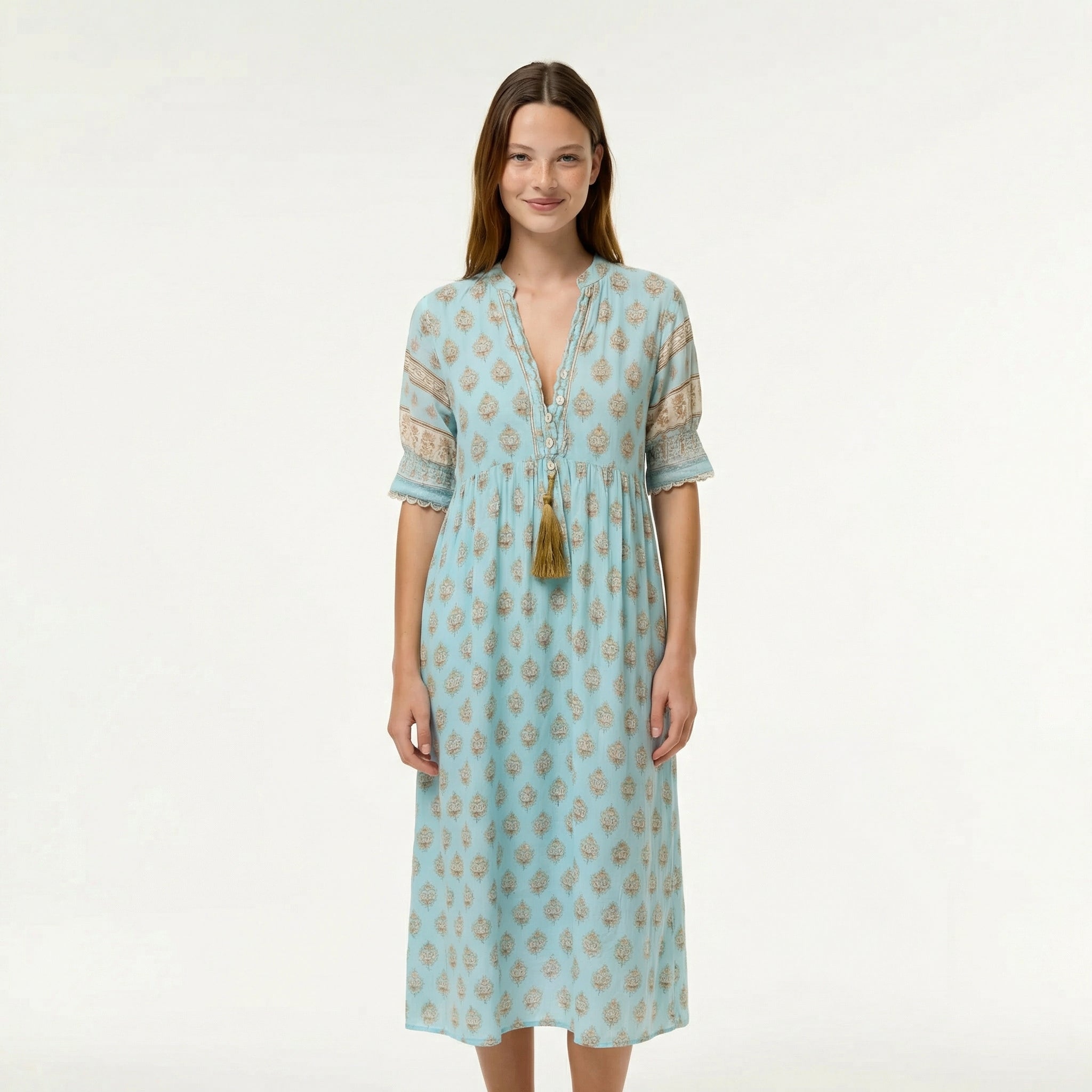 Boho sukienka midi – rękawy 3/4, warstwowy dół, kieszenie