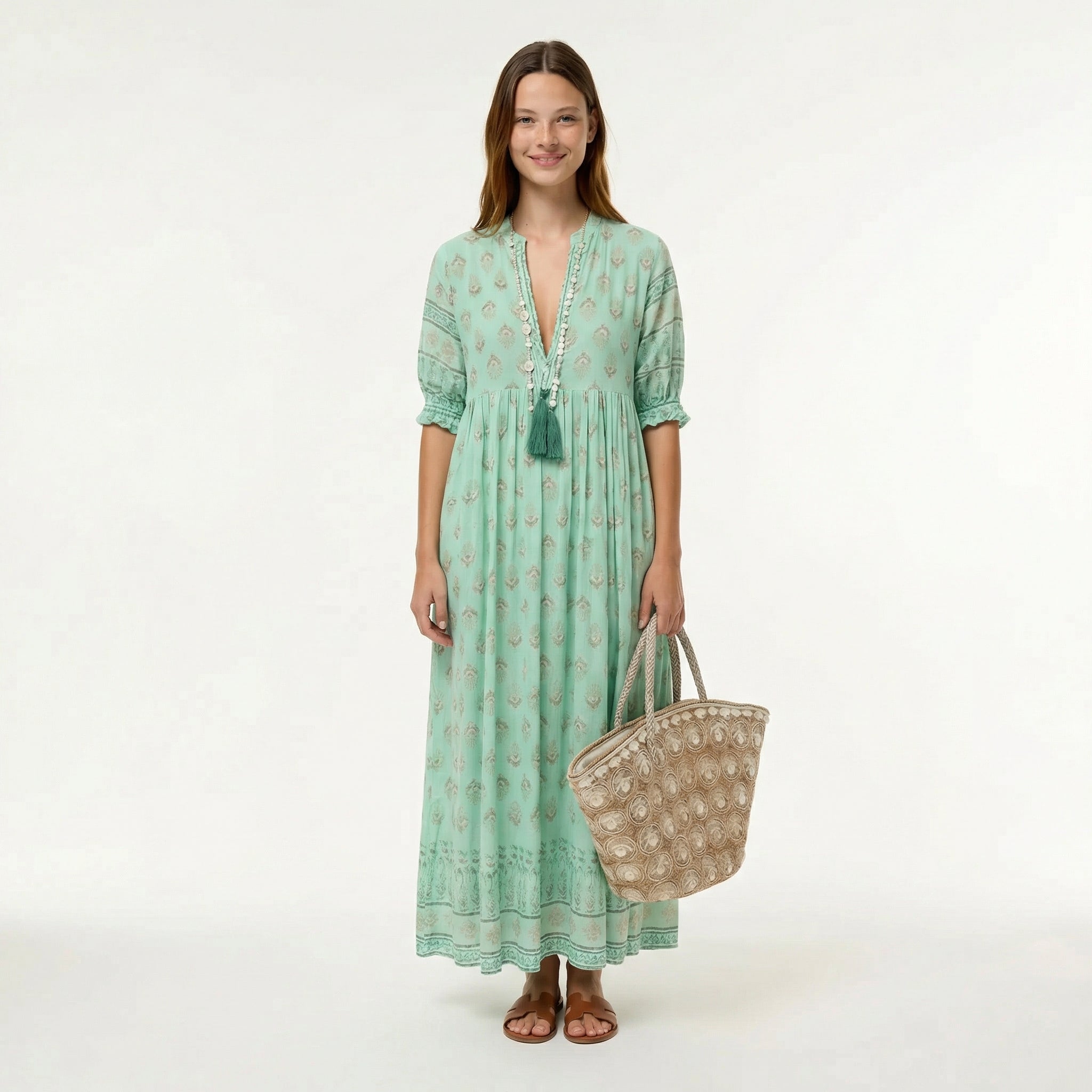 Boho sukienka midi – rękawy 3/4, warstwowy dół, kieszenie