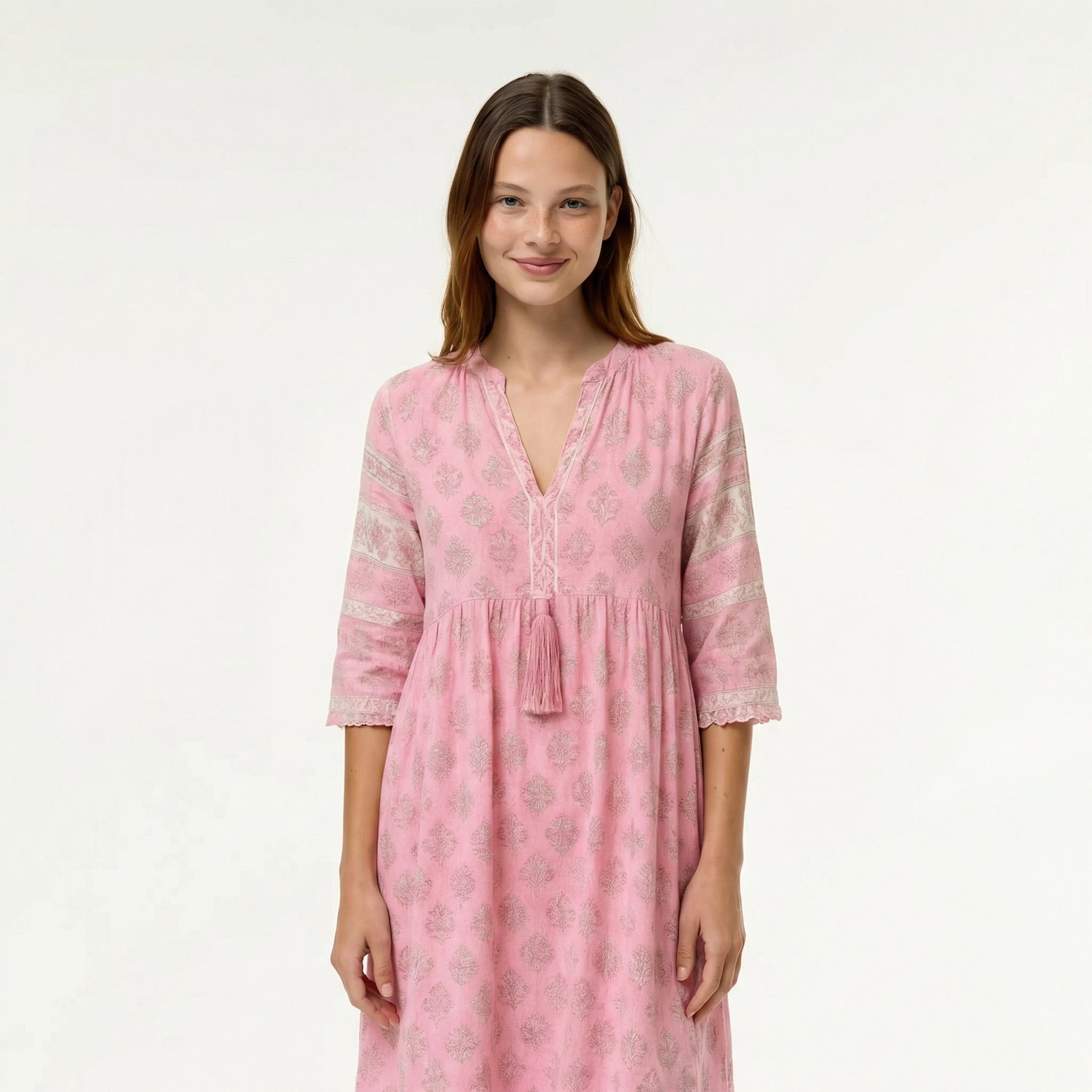 Boho sukienka midi – rękawy 3/4, warstwowy dół, kieszenie