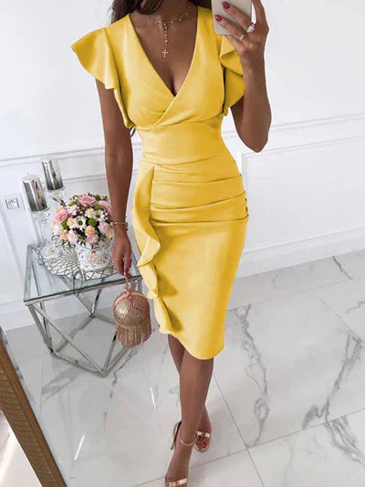 Women's Fitted Cocktail Dress V Neck Long Sleeve Summer