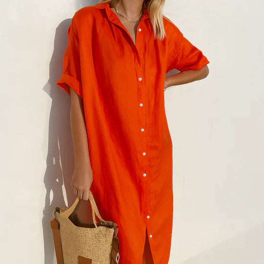 Women's Linen Shirt Dress Midi Button Front Summer