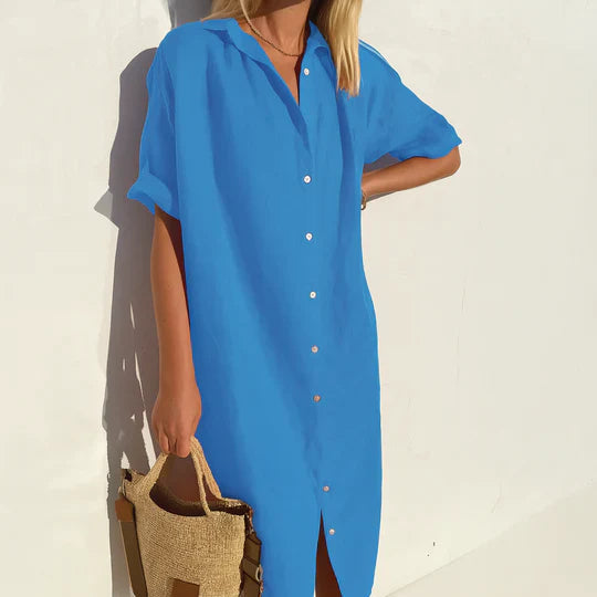 Women's Linen Shirt Dress Midi Button Front Summer