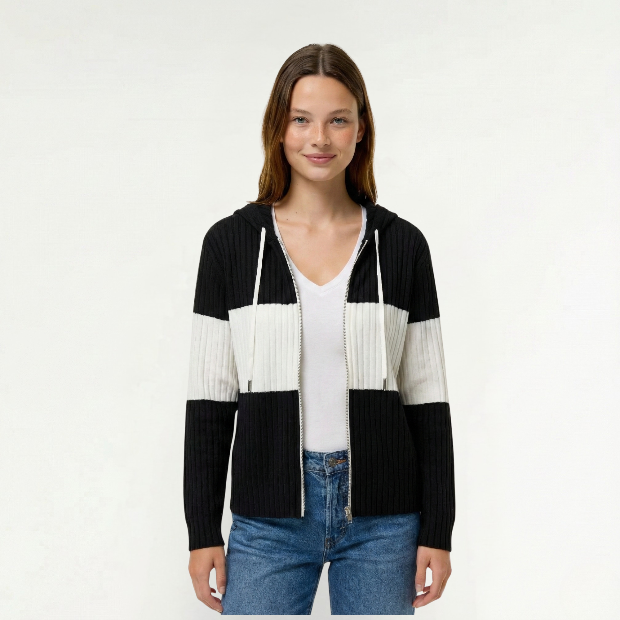 Damska bluza typu color-block zapinana na zamek