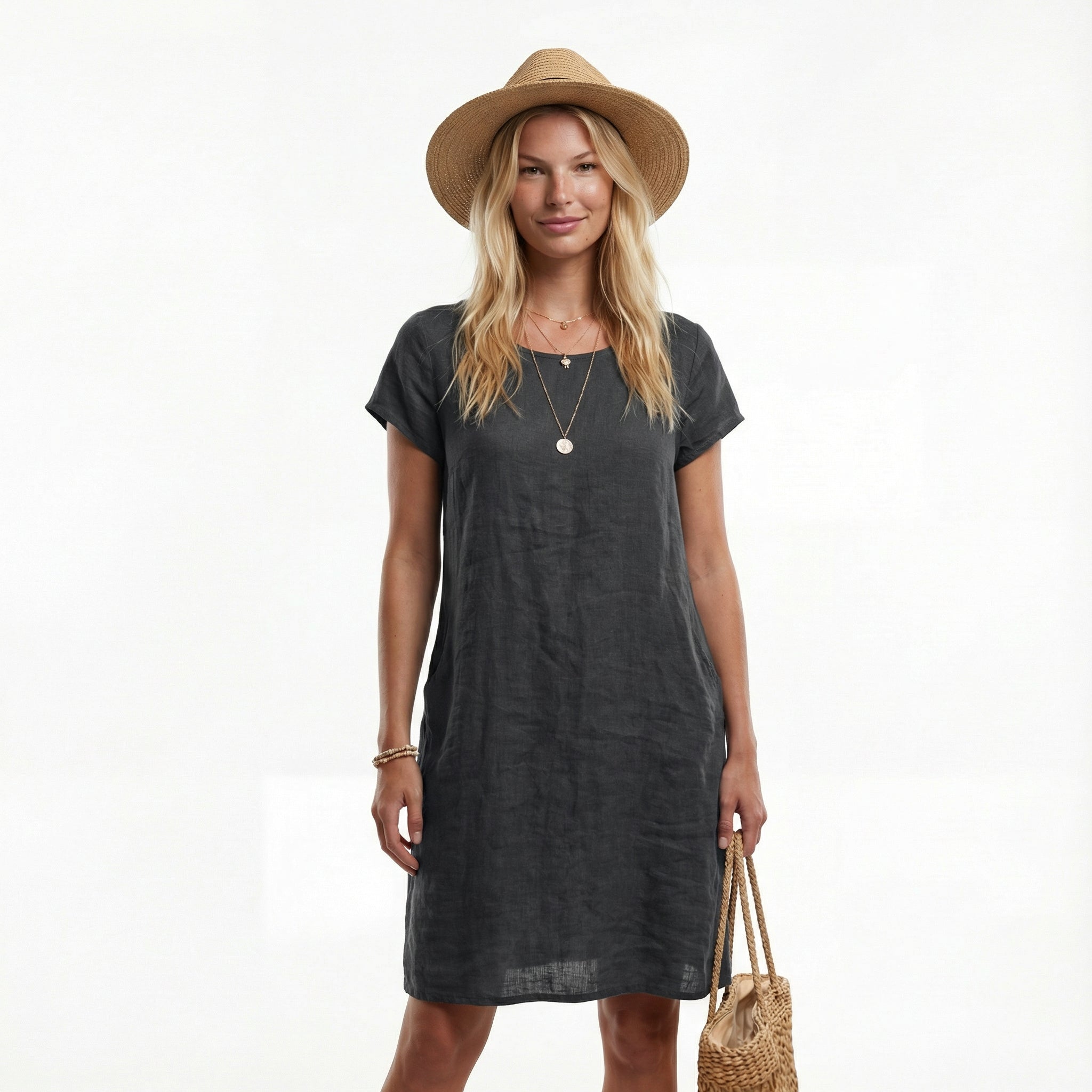 Bawełniana letnia sukienka midi – krótkie rękawy, luźny krój, kieszenie