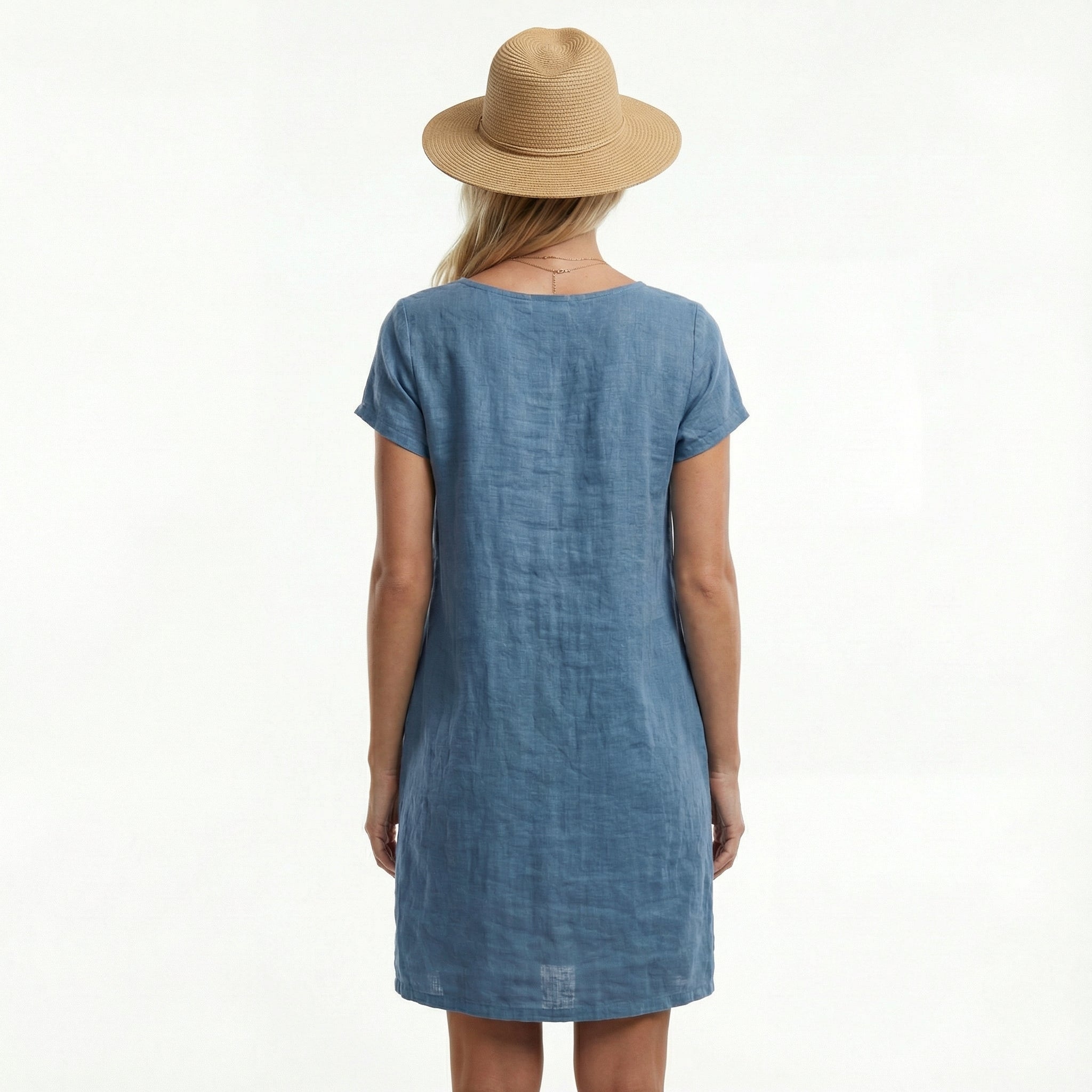 Bawełniana letnia sukienka midi – krótkie rękawy, luźny krój, kieszenie