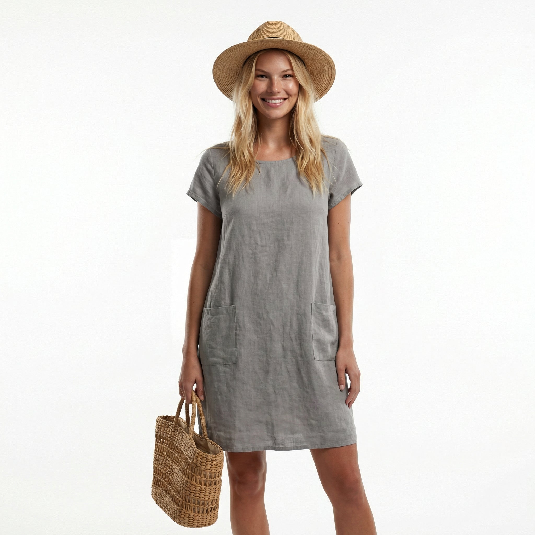 Bawełniana letnia sukienka midi – krótkie rękawy, luźny krój, kieszenie