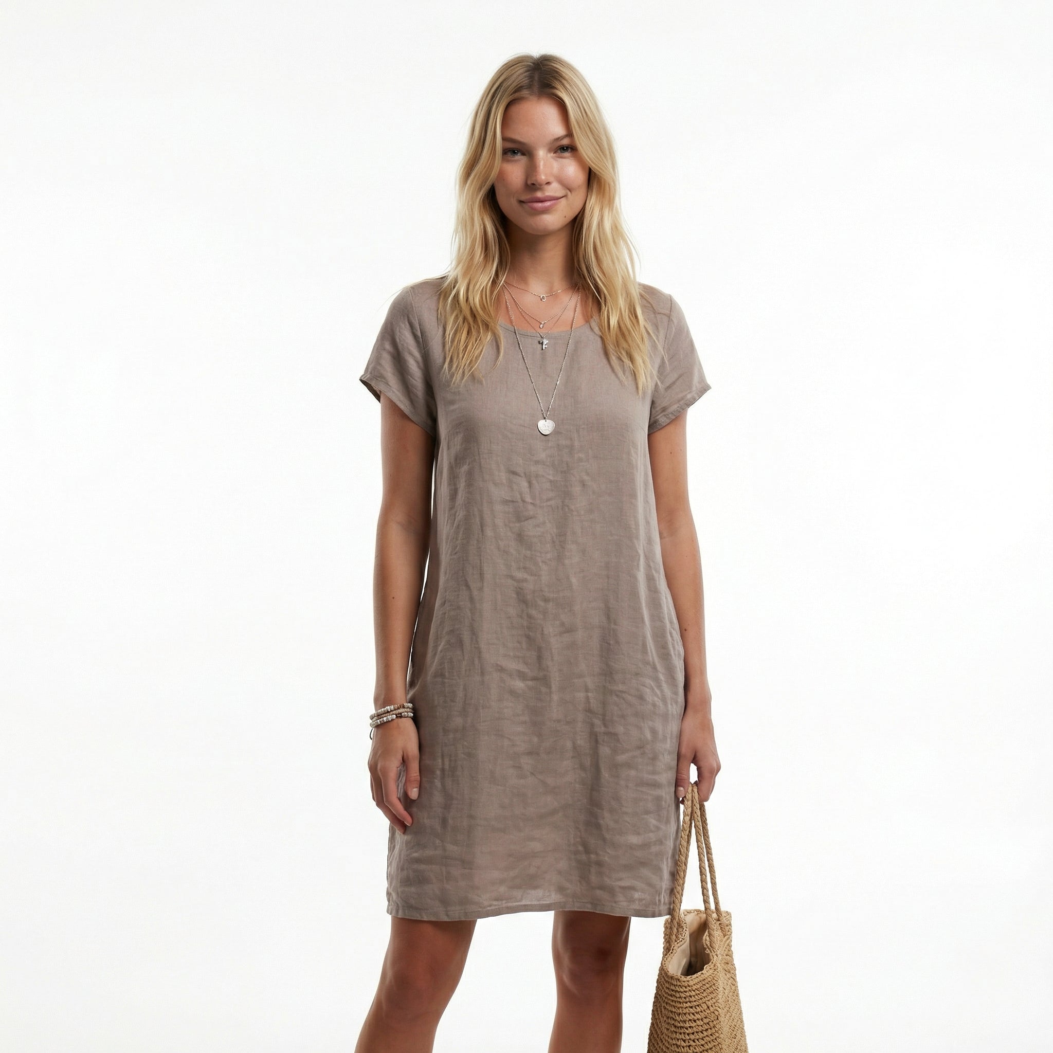 Bawełniana letnia sukienka midi – krótkie rękawy, luźny krój, kieszenie