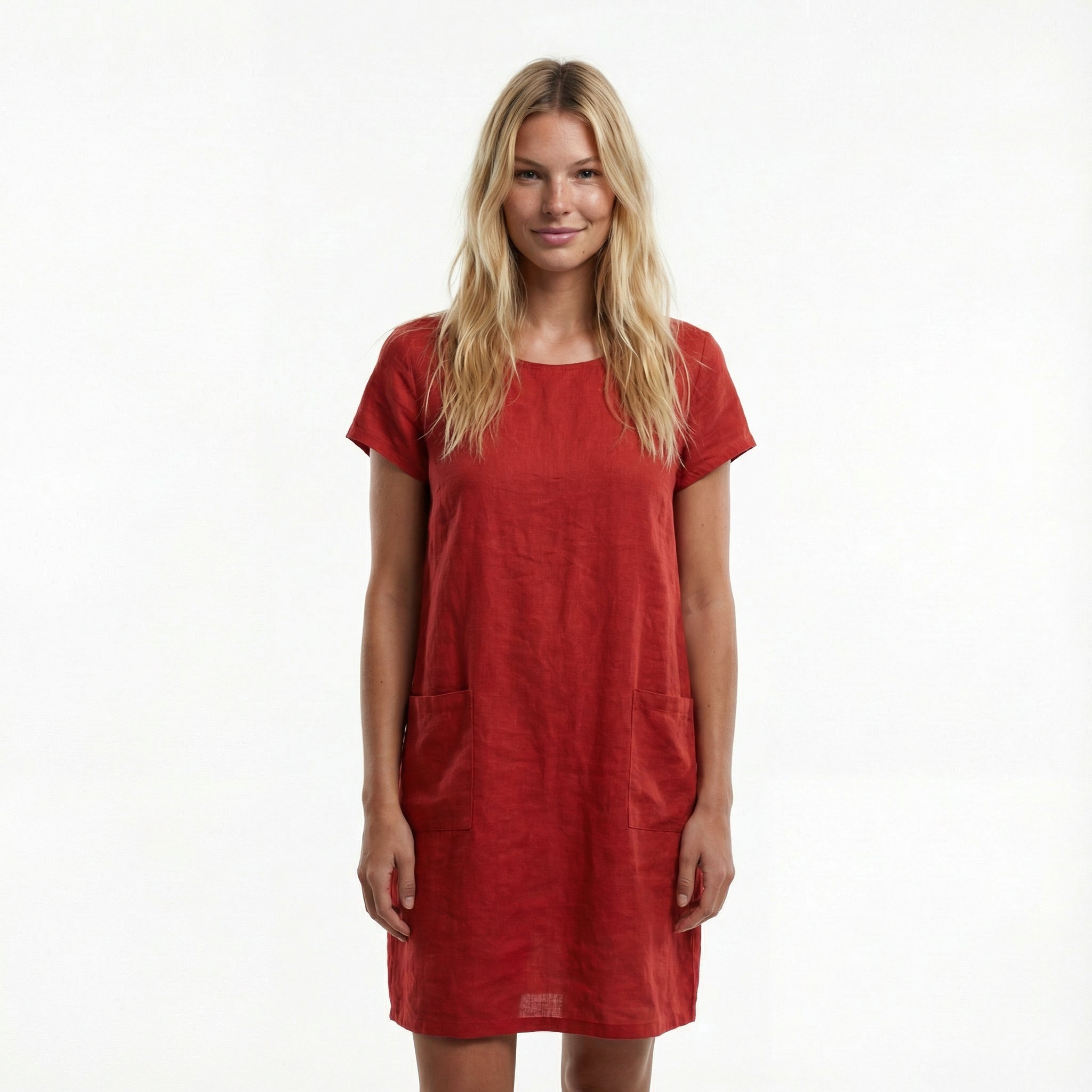 Bawełniana letnia sukienka midi – krótkie rękawy, luźny krój, kieszenie