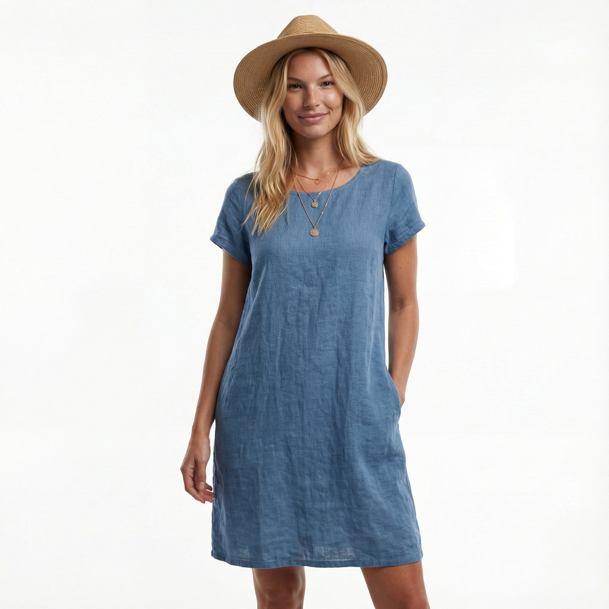 Bawełniana letnia sukienka midi – krótkie rękawy, luźny krój, kieszenie