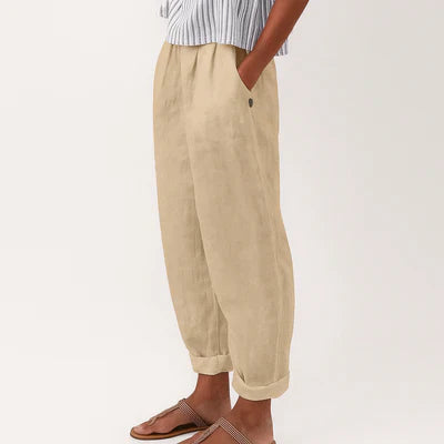 Women's Linen Cotton Trousers Elastic Waist With Pockets Summer