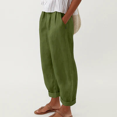 Women's Linen Cotton Trousers Elastic Waist With Pockets Summer