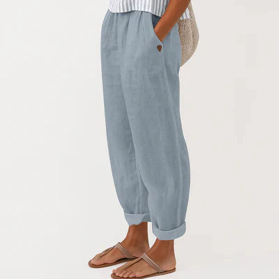 Women's Linen Cotton Trousers Elastic Waist With Pockets Summer