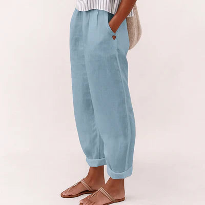 Women's Linen Cotton Trousers Elastic Waist With Pockets Summer