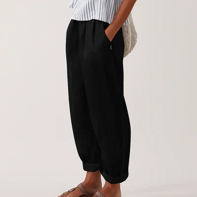Women's Linen Cotton Trousers Elastic Waist With Pockets Summer