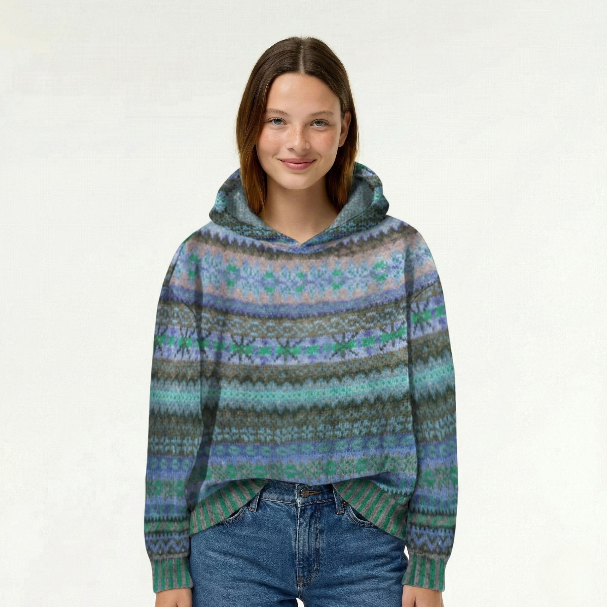 Damska dzianinowa bluza Fair Isle z kapturem