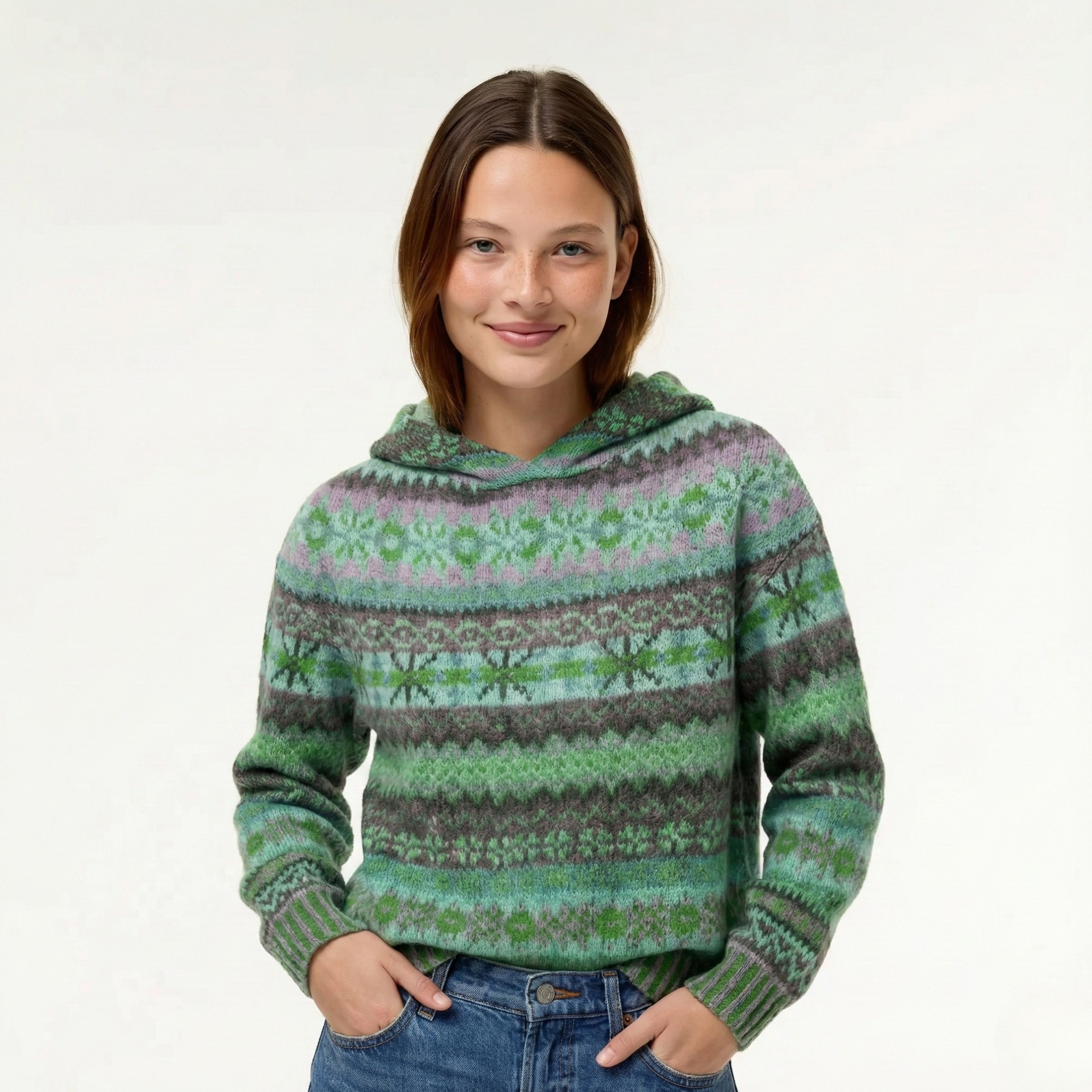 Damska dzianinowa bluza Fair Isle z kapturem