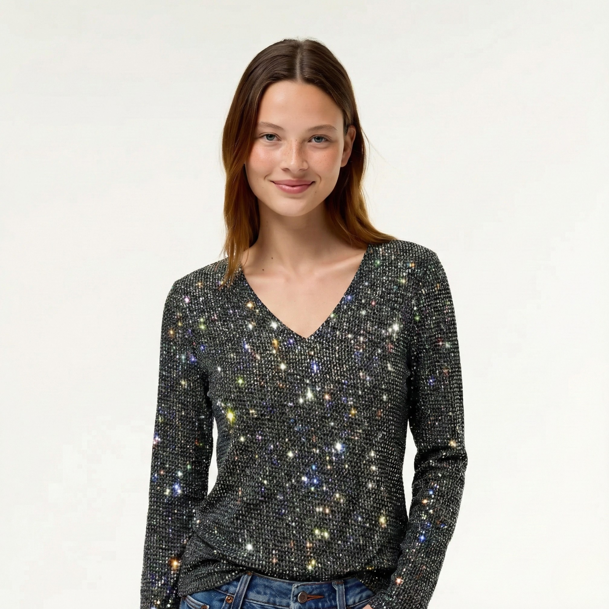 Damska bluzka z cekinami i dekoltem V