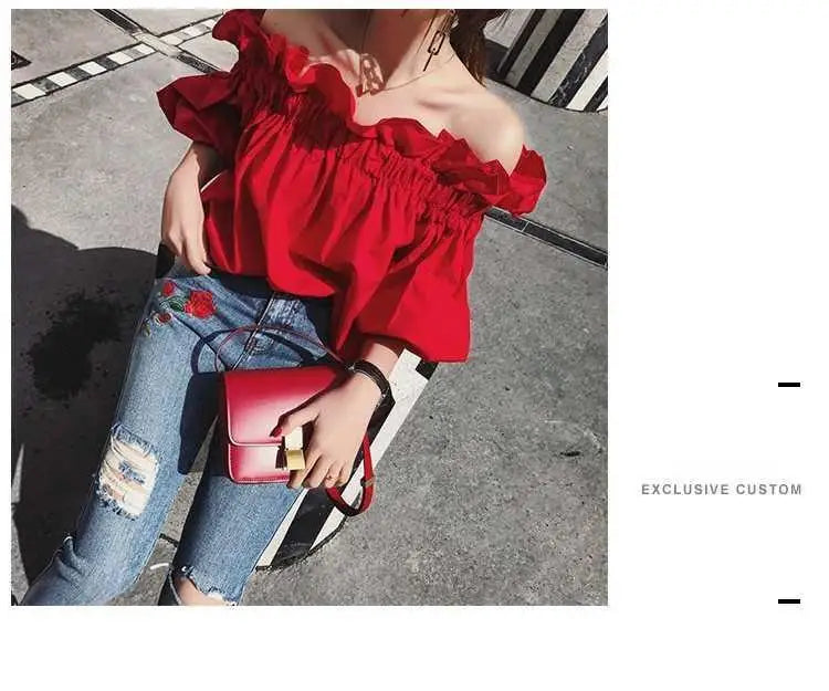 Women Korean Ruffles Off Shoulder Tee Top Puffy Sleeves Red Chiffon Blouse Female Oversize Casual Shirt Lady Chic