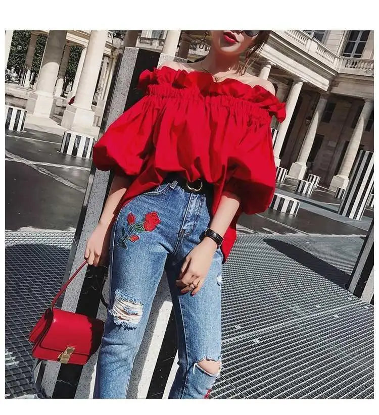 Women Korean Ruffles Off Shoulder Tee Top Puffy Sleeves Red Chiffon Blouse Female Oversize Casual Shirt Lady Chic