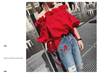 Women Korean Ruffles Off Shoulder Tee Top Puffy Sleeves Red Chiffon Blouse Female Oversize Casual Shirt Lady Chic