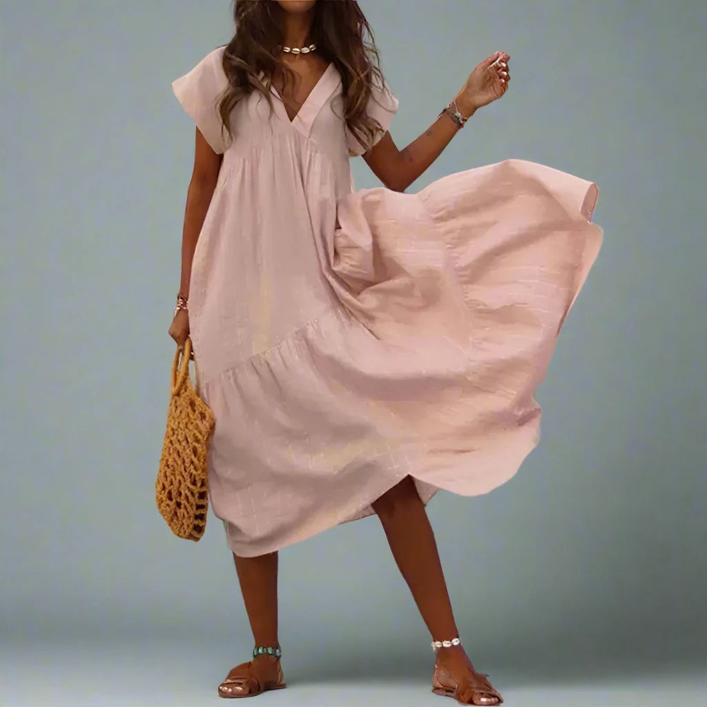 Bohemian V-neck ruffled midi sundress|Sprint Moda - Sprint Moda