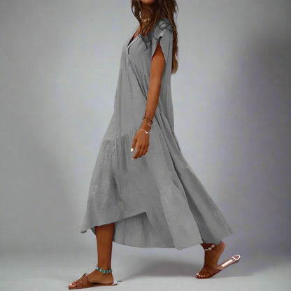 Bohemian V-neck ruffled midi sundress|Sprint Moda - Sprint Moda