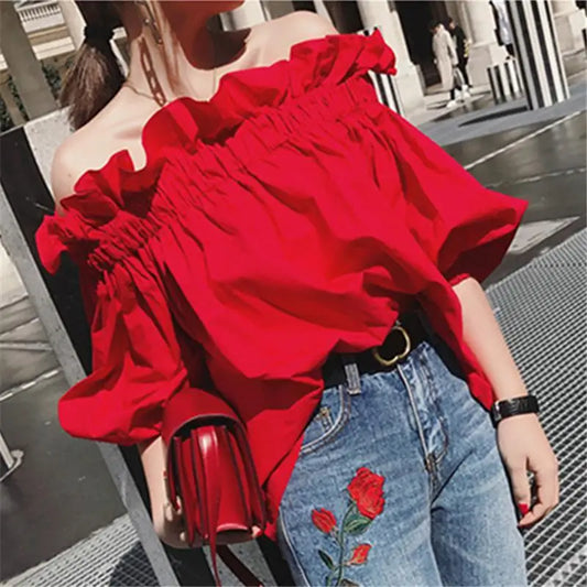 Women Korean Ruffles Off Shoulder Tee Top Puffy Sleeves Red Chiffon Blouse Female Oversize Casual Shirt Lady Chic