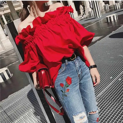 Women Korean Ruffles Off Shoulder Tee Top Puffy Sleeves Red Chiffon Blouse Female Oversize Casual Shirt Lady Chic