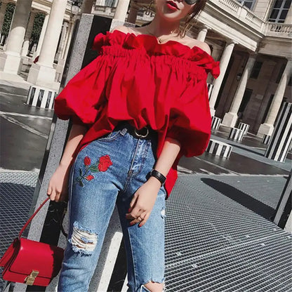 Women Korean Ruffles Off Shoulder Tee Top Puffy Sleeves Red Chiffon Blouse Female Oversize Casual Shirt Lady Chic