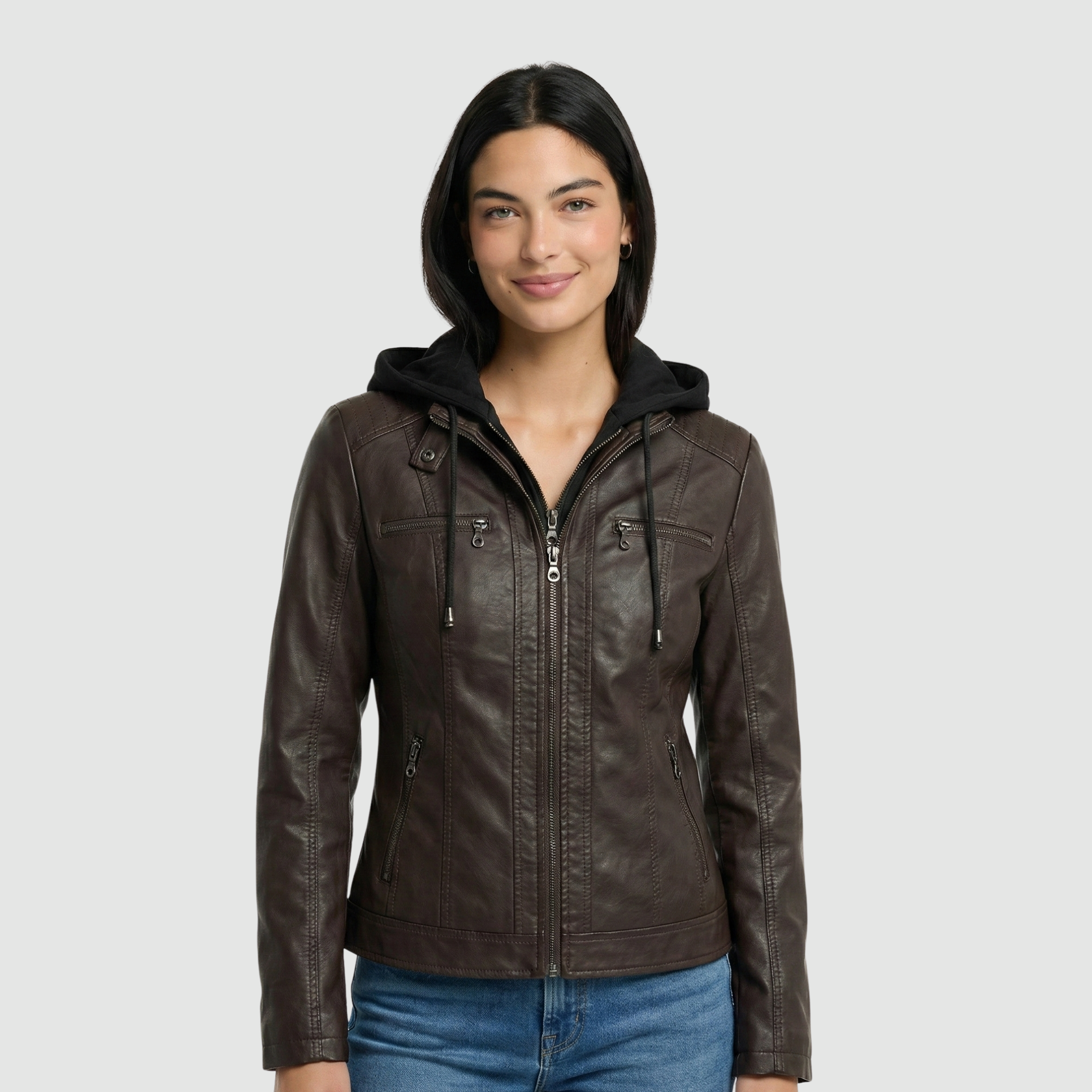 Damska kurtka skórzana z kapturem