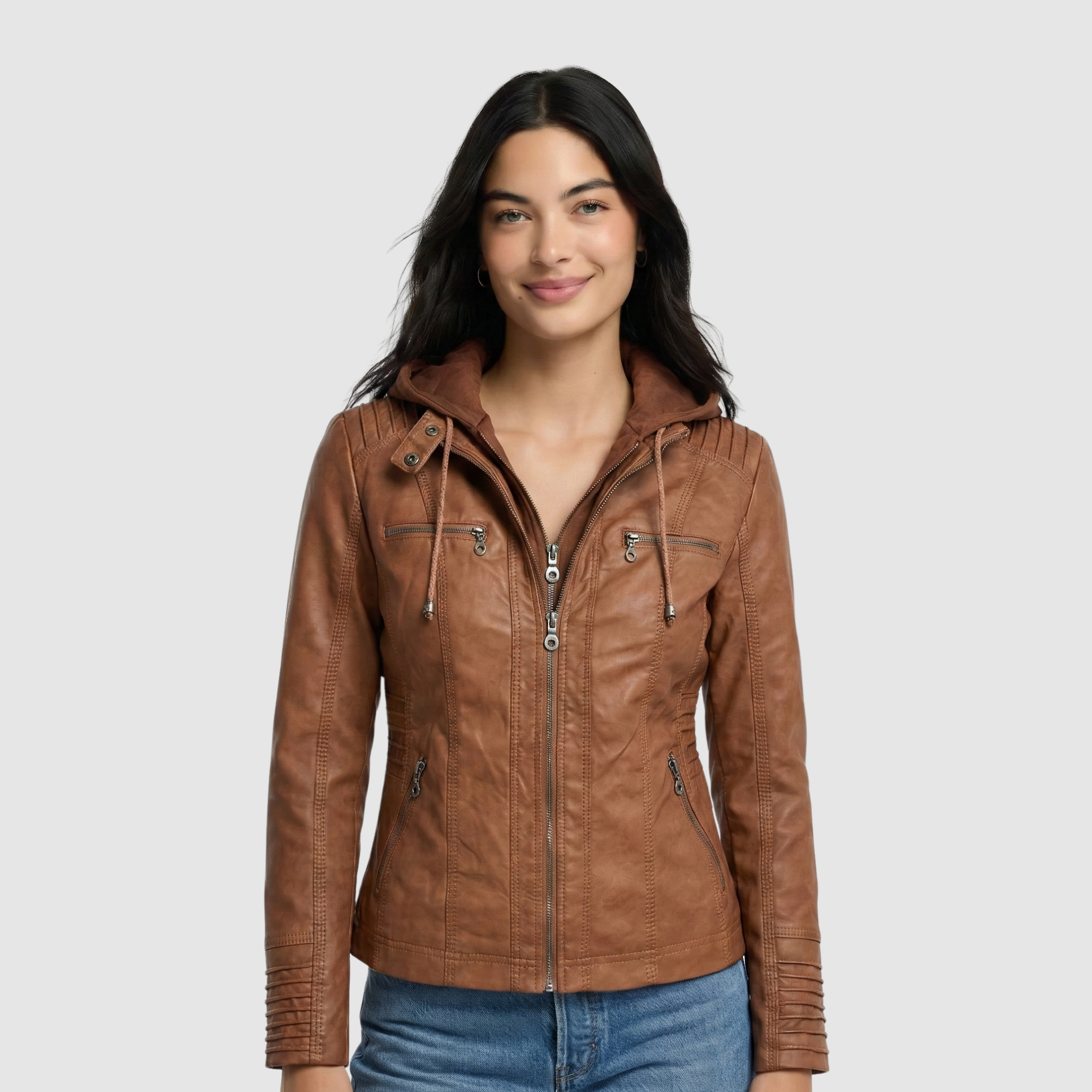 Damska kurtka skórzana z kapturem