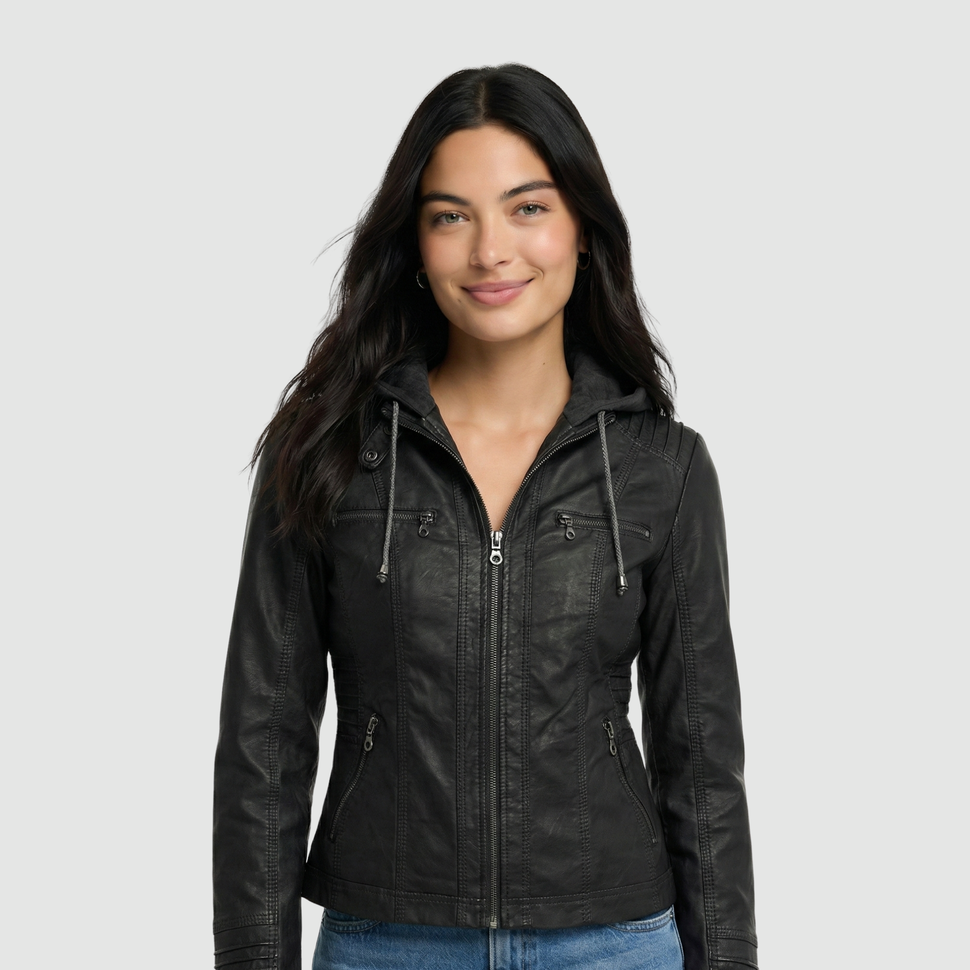 Damska kurtka skórzana z kapturem